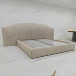 Light Beige Leather Upholstered Bed with Vertical Pleated Headboard & Gold Stainless Steel Ball Studs